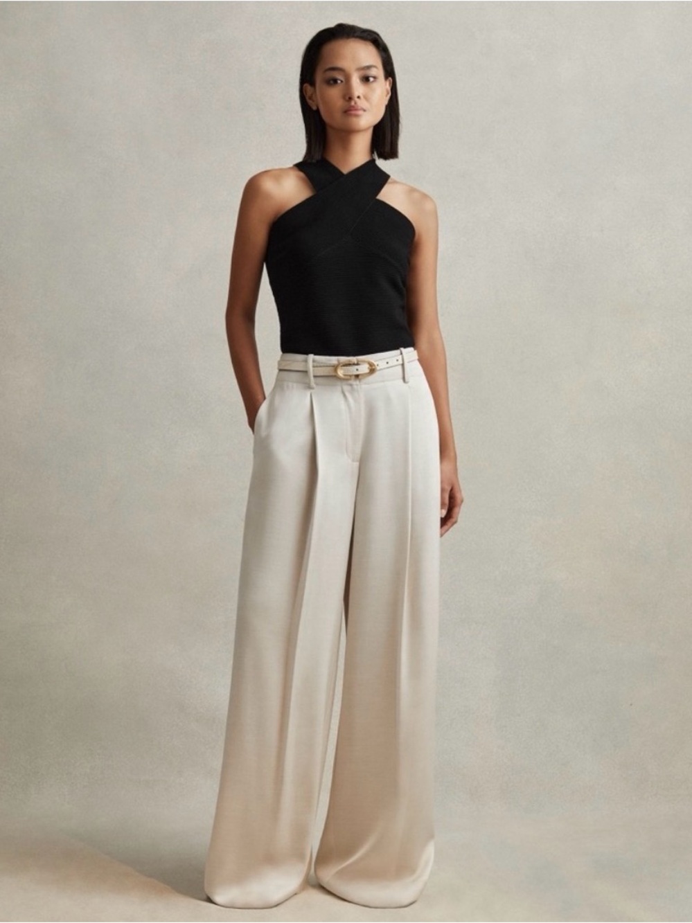 Reiss ISLA SATIN WIDE LEG TROUSERS IN CHAMPAGNE 0